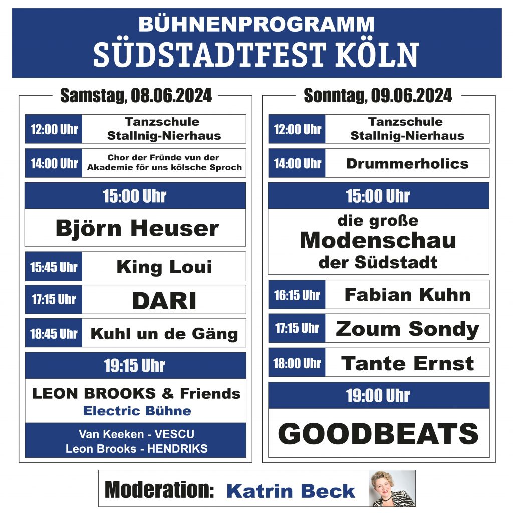 Grafik des Bühnenprogramms für das Südstadtfest Köln 2024, mit Veranstaltungen am Samstag, den 08.06.2024, und Sonntag, den 09.06.2024. Moderation durch Katrin Beck.